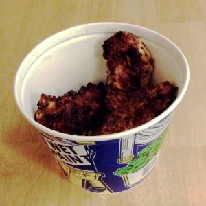 The bucket says "wet," but the chicken is not.
