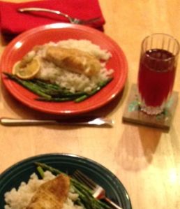 Tilapia, rice, asparagus. A glass of juice. Nothing more is required.