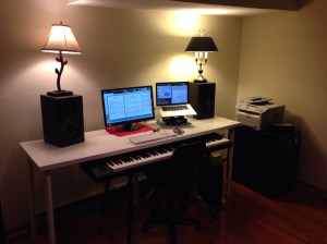 His desk is still a work in progress, but everything fits. Let the composing begin!