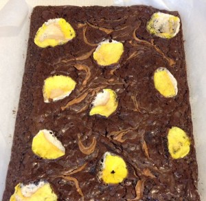 The marshmallow peeps melted beautifully, but didn't brown as much as I'd hoped. Still, they are tasty brownies.